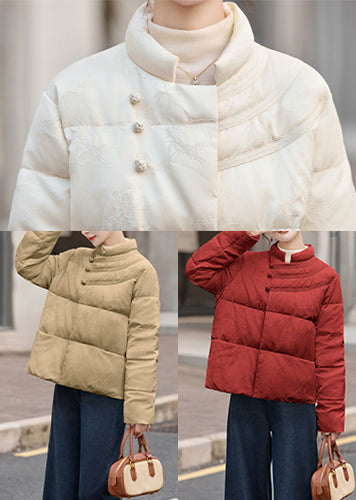 Women Khaki Stand Collar Chinese Button Duck Down Puffer Coat Winter