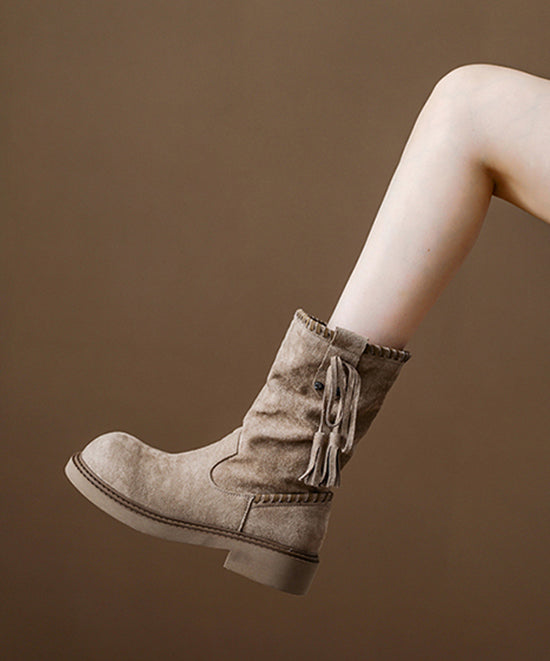 Women Khaki Suede Tassel Splicing Wrinkled Boots