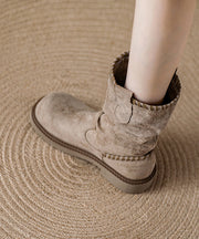 Women Khaki Suede Tassel Splicing Wrinkled Boots