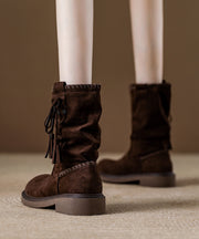 Women Khaki Suede Tassel Splicing Wrinkled Boots