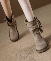 Women Khaki Suede Tassel Splicing Wrinkled Boots