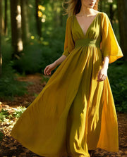 Women Khaki V Neck Exra Large Hem Cotton Ankle Dress Summer