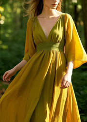 Women Khaki V Neck Exra Large Hem Cotton Ankle Dress Summer