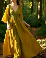 Women Khaki V Neck Exra Large Hem Cotton Ankle Dress Summer