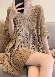 Women Khaki V Neck Hollow Out Knit Tops Half Sleeve