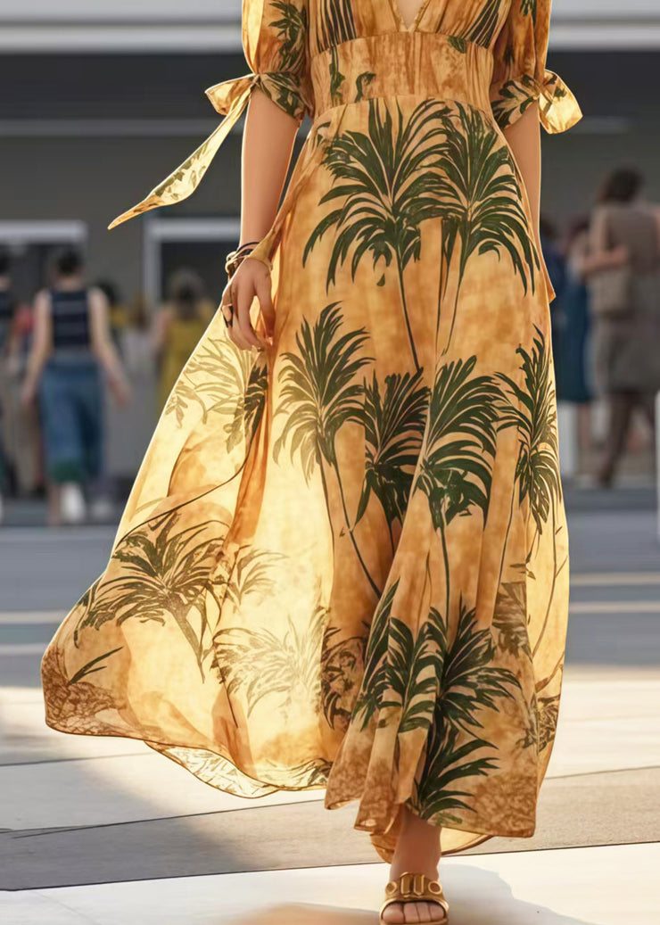 Women Khaki V Neck Print Cotton Holiday Dresses Summer