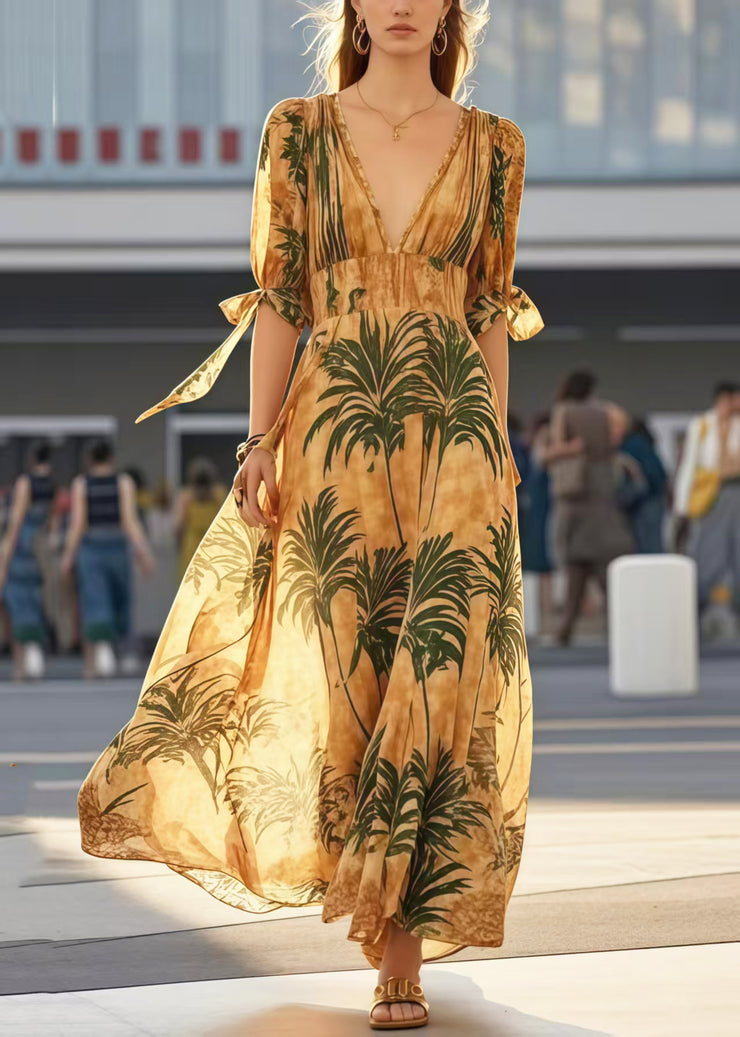 Women Khaki V Neck Print Cotton Holiday Dresses Summer