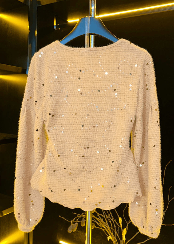 Women Khaki V Neck Sequins Cotton T Shirts Spring