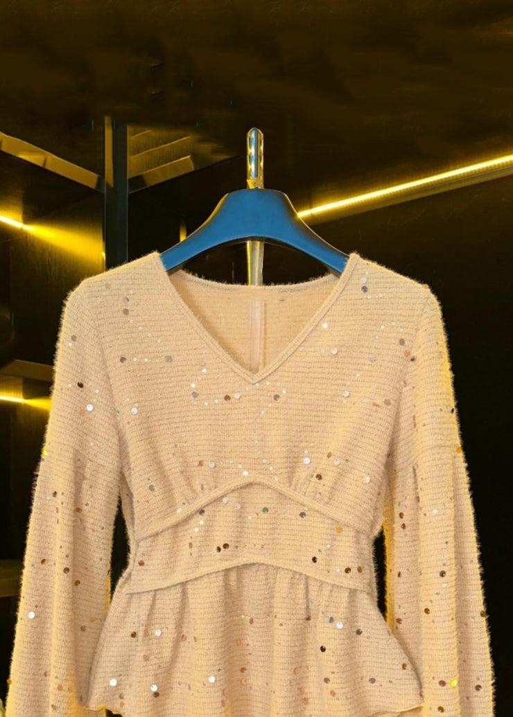 Women Khaki V Neck Sequins Cotton T Shirts Spring