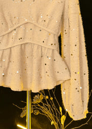 Women Khaki V Neck Sequins Cotton T Shirts Spring