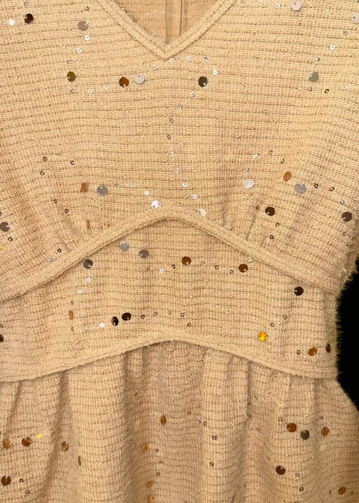 Women Khaki V Neck Sequins Cotton T Shirts Spring