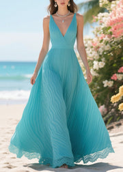 Women Lake Blue Wrinkled Patchwork Lace Party Dress Summer