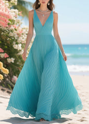 Women Lake Blue Wrinkled Patchwork Lace Party Dress Summer