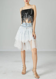 Women Light Blue Elastic Waist Tulle Patchwork Denim Skirts Summer