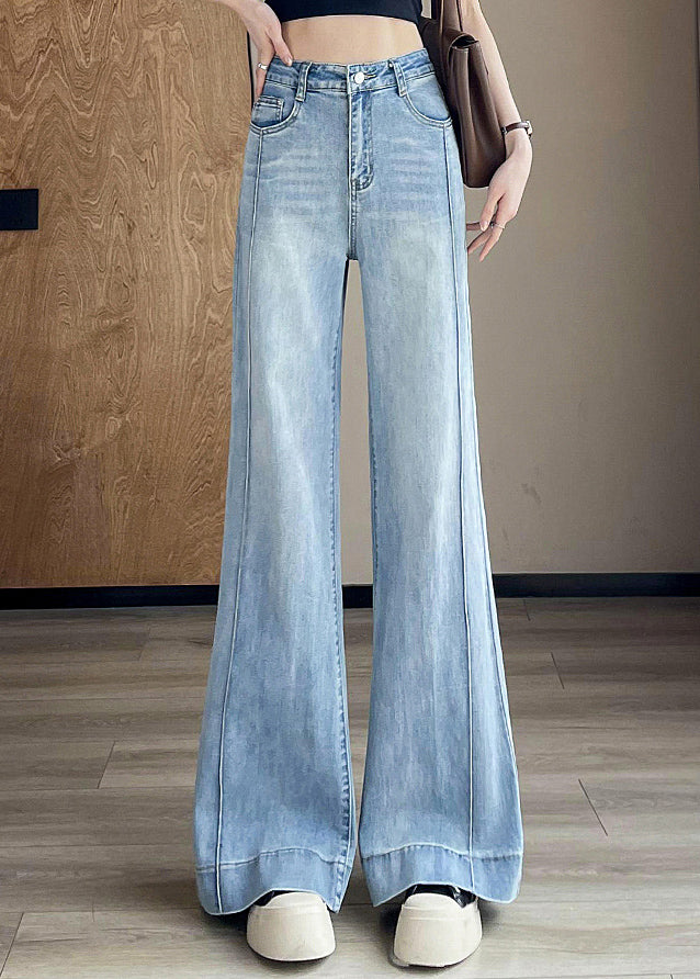 Women Light Blue Pockets Patchwork Denim Pants Fall