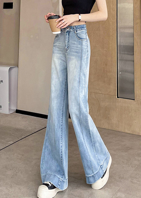 Women Light Blue Pockets Patchwork Denim Pants Fall
