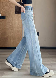 Women Light Blue Pockets Patchwork Denim Pants Fall