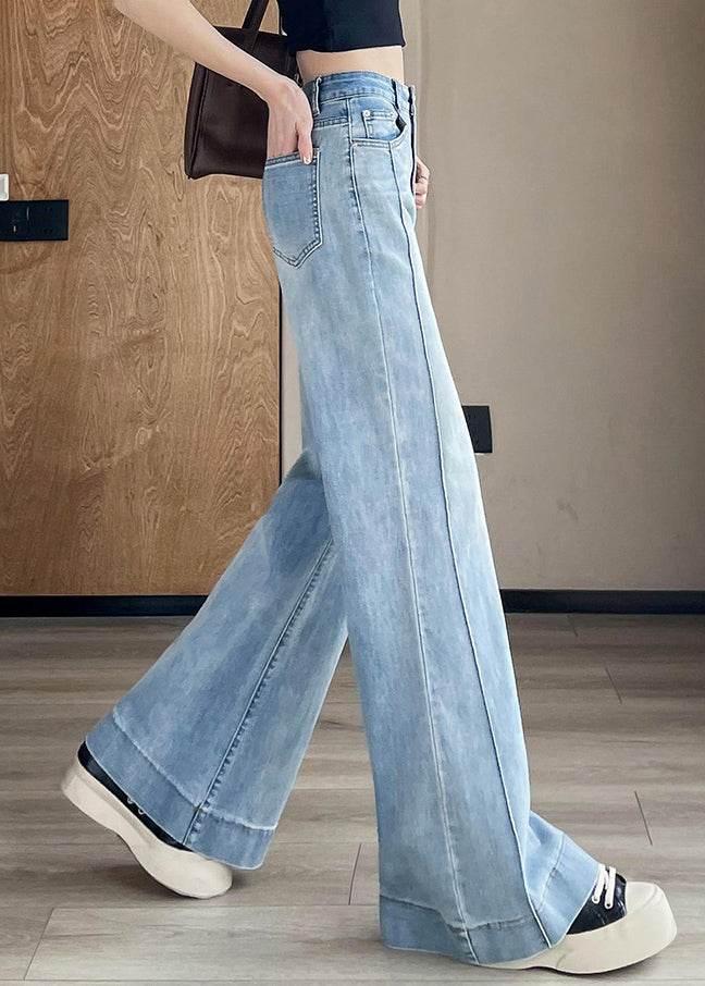 Women Light Blue Pockets Patchwork Denim Pants Fall
