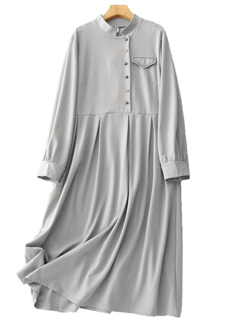 Women Light Blue Stand Collar Cotton Long Dresses Spring