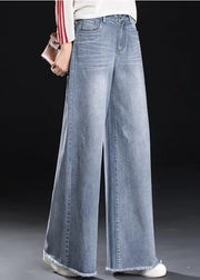 Women Light Blue Tasseled Denim Straight Pants Summer