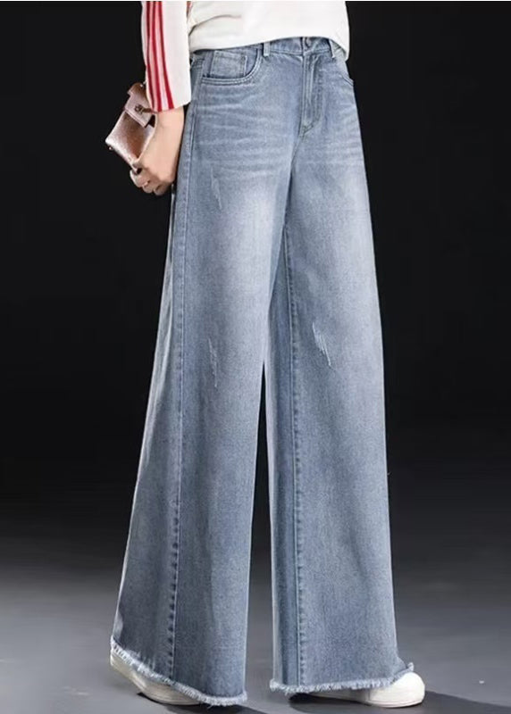 Women Light Blue Tasseled Denim Straight Pants Summer