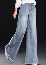 Women Light Blue Tasseled Denim Straight Pants Summer