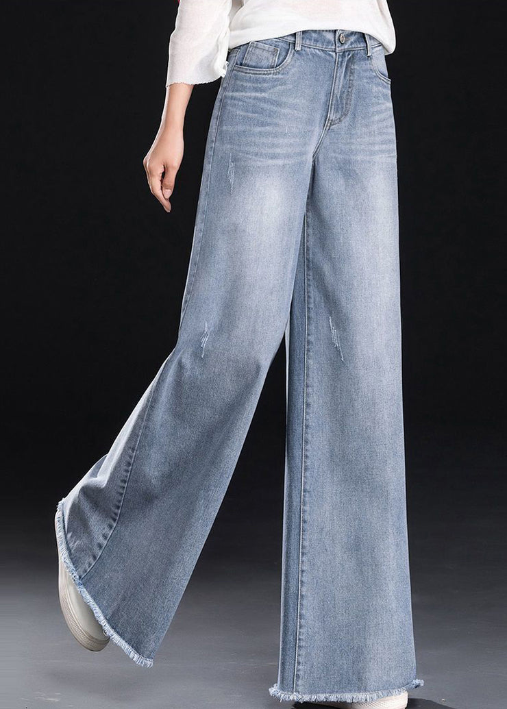 Women Light Blue Tasseled Denim Straight Pants Summer