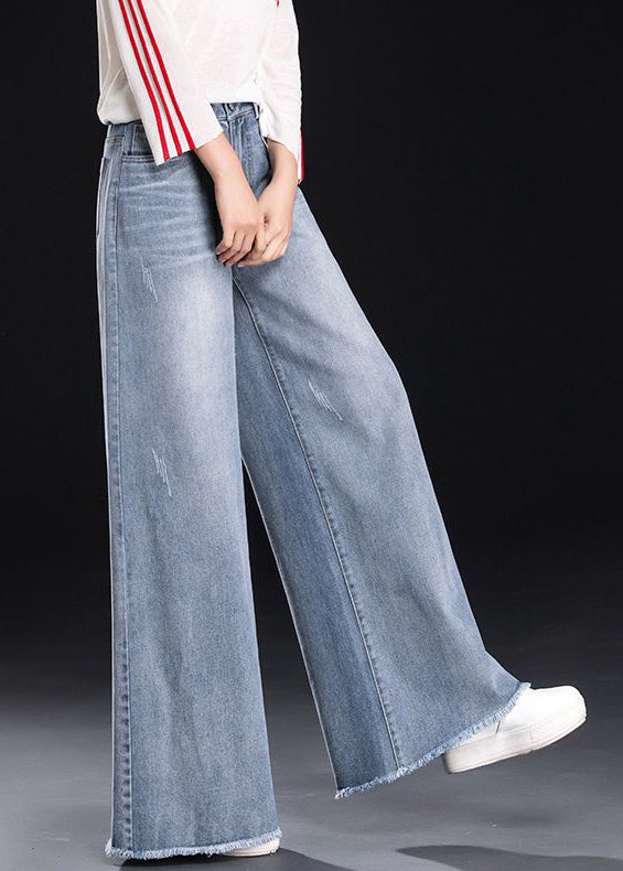 Women Light Blue Tasseled Denim Straight Pants Summer