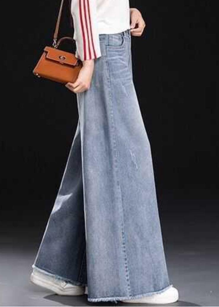 Women Light Blue Tasseled Denim Straight Pants Summer