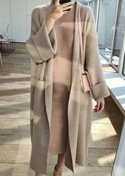 Women Light Camel Peter Pan Collar Pockets Knit Cardigan Fall