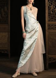Women Light Green Asymmetrical Patchwork Silk Pleated Dresses Summer