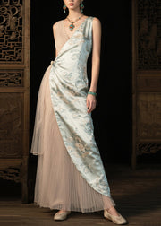 Women Light Green Asymmetrical Patchwork Silk Pleated Dresses Summer