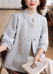 Women Light Grey O-Neck Striped Knit Cardigan Fall