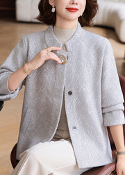 Women Light Grey O-Neck Striped Knit Cardigan Fall
