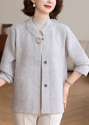 Women Light Grey O-Neck Striped Knit Cardigan Fall