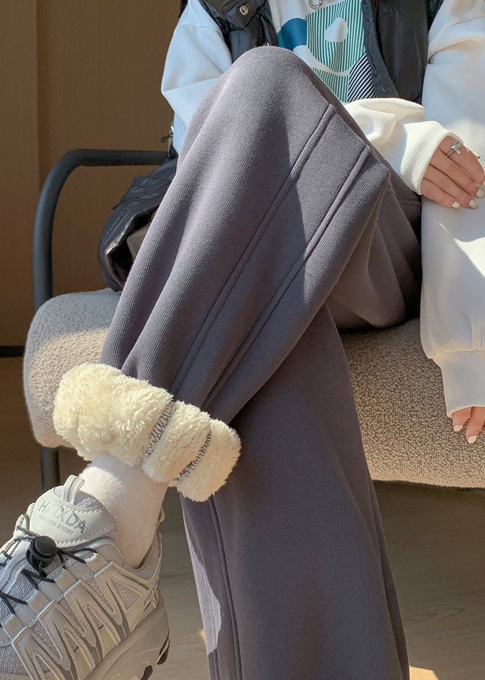 Women Light Grey Pockets Elastic Waist Warm Fleece Beam Pants Winter