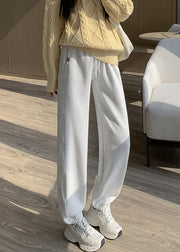 Women Light Grey Pockets Elastic Waist Warm Fleece Beam Pants Winter