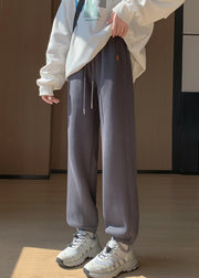 Women Light Grey Pockets Elastic Waist Warm Fleece Beam Pants Winter