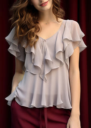 Women Light Grey Ruffled Lace Up Chiffon Top Summer