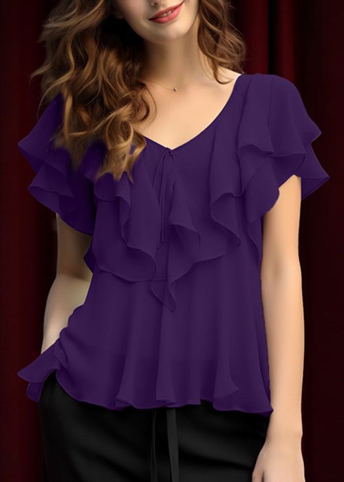 Women Light Grey Ruffled Lace Up Chiffon Top Summer