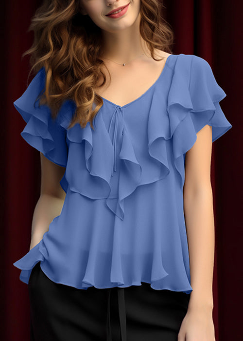 Women Light Grey Ruffled Lace Up Chiffon Top Summer