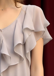 Women Light Grey Ruffled Lace Up Chiffon Top Summer