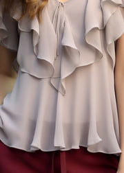 Women Light Grey Ruffled Lace Up Chiffon Top Summer