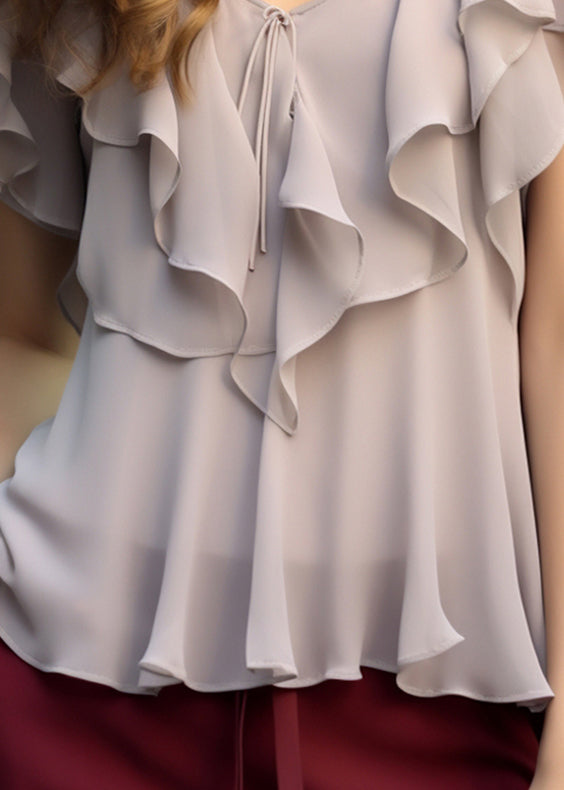 Women Light Grey Ruffled Lace Up Chiffon Top Summer