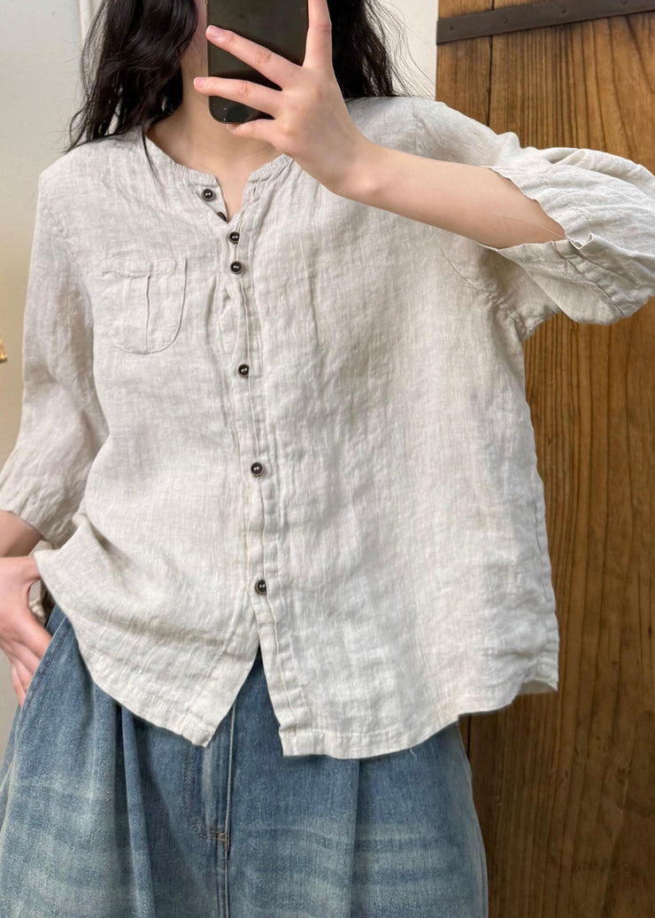 Women Linen Color O Neck Button Cotton Blouses Fall