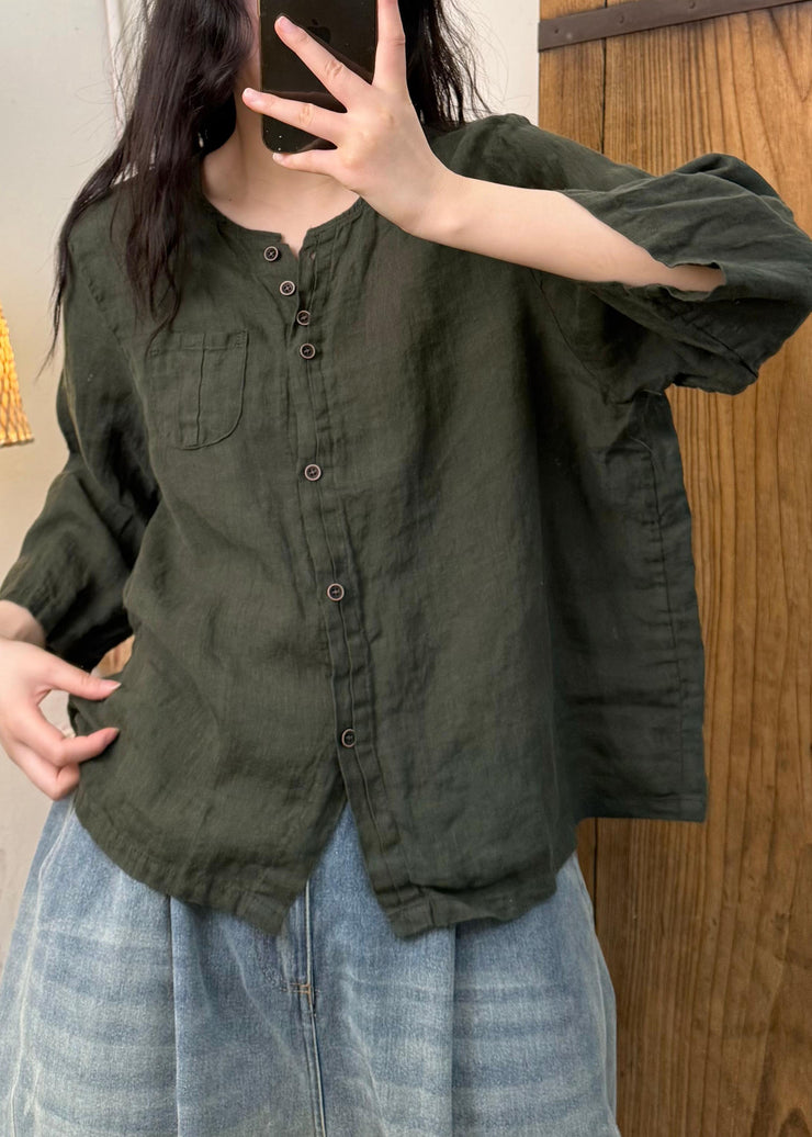 Women Linen Color O Neck Button Cotton Blouses Fall