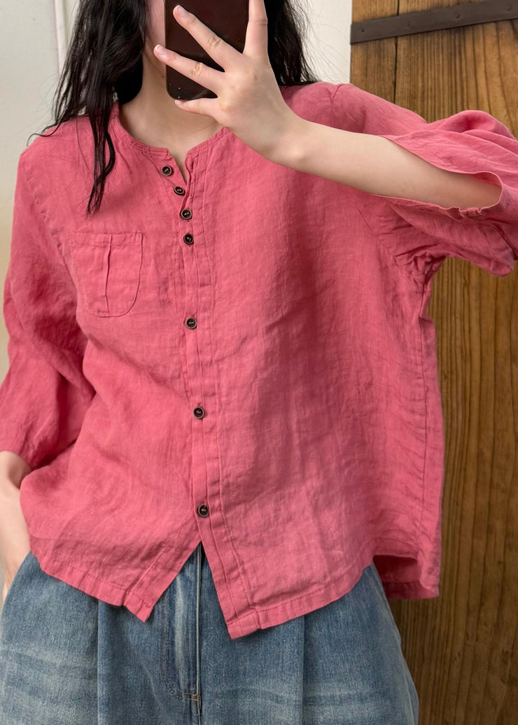 Women Linen Color O Neck Button Cotton Blouses Fall