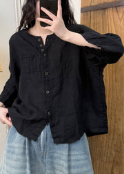 Women Linen Color O Neck Button Cotton Blouses Fall