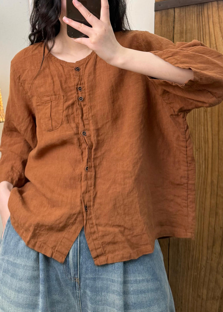 Women Linen Color O Neck Button Cotton Blouses Fall