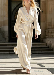 Women Milk White Notched Tie Waist Silk Overalls Jumpsuit Spring
